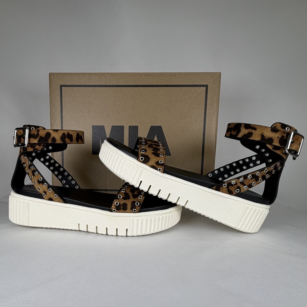 Mia Sandals Brown Leopard Print Ankle Strap and Cream Flat Evelin-N Size 7M